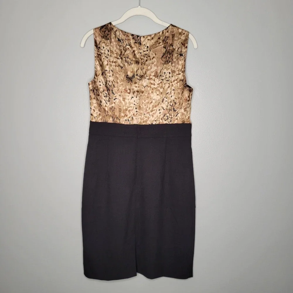 Tahari Black Sheath Dress Women's Size 6 US Beige Gold Print Sleeveless Knee